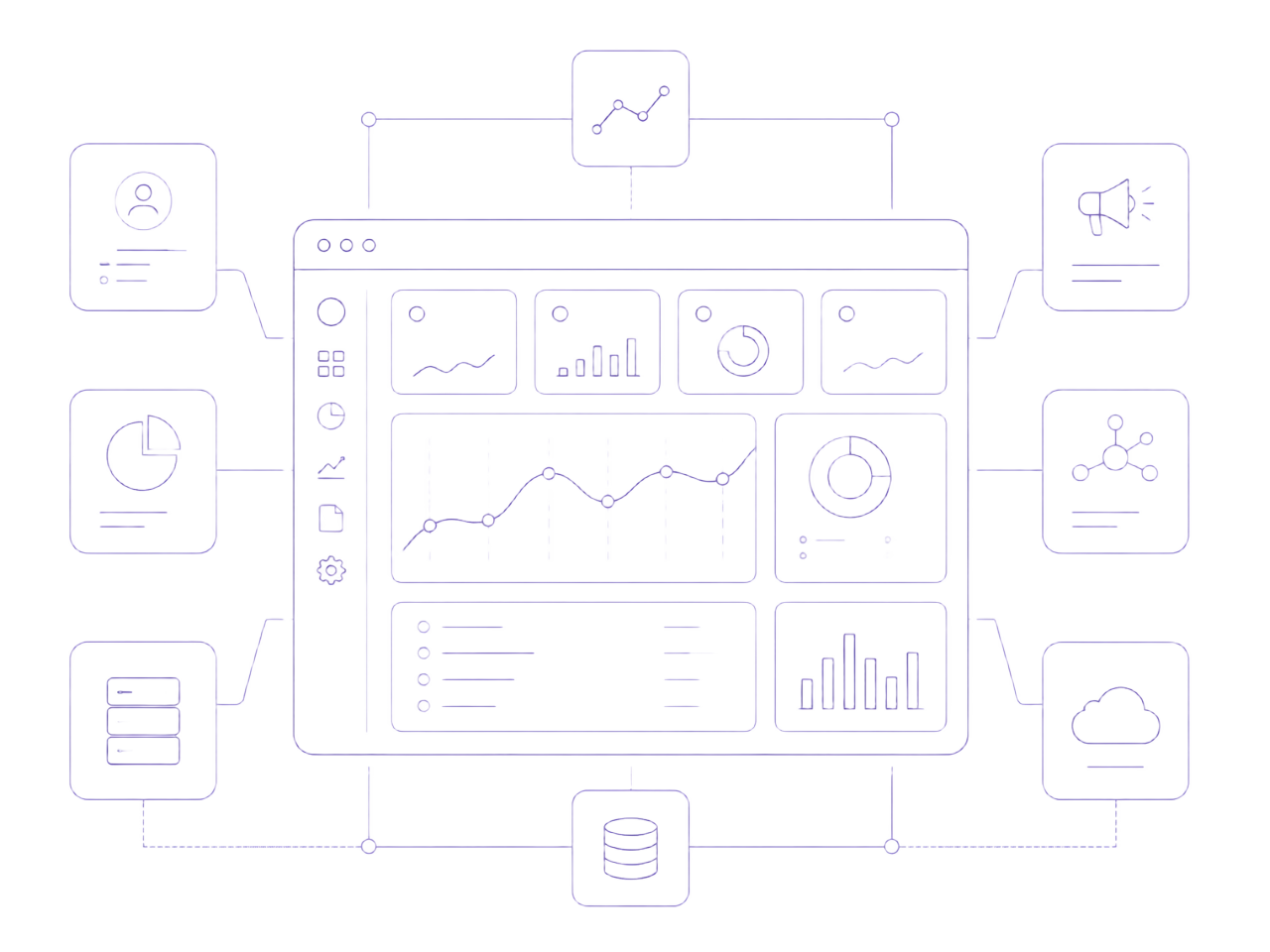 Line-art illustration of a Zoho dashboard connected to databases, email, analytics and other business apps